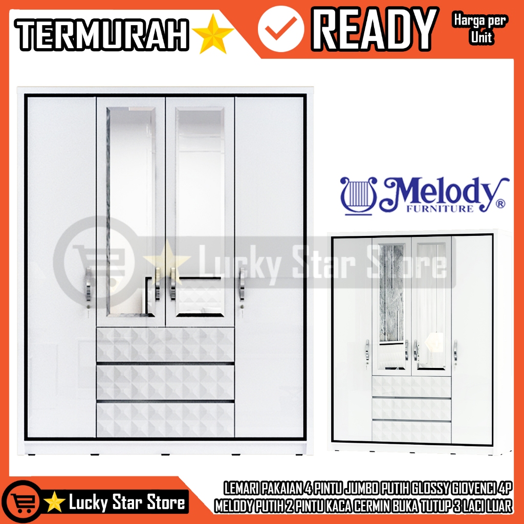 [KARGO] MELODY LEMARI ALMARI PAKAIAN 4 PINTU JUMBO PUTIH GLOSSY GIOVENCI 4P PUTIH 2 PINTU KACA CERMI
