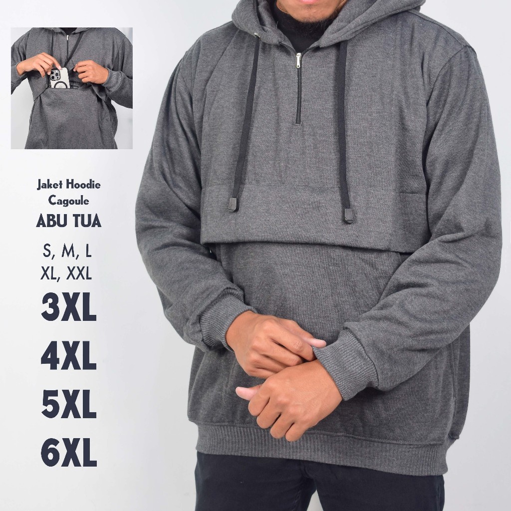 Jaket Hoodie Cagoule Abu Tua Pria Jumbo Big Size S M L XL XXL 3XL 4XL 5XL 6XL