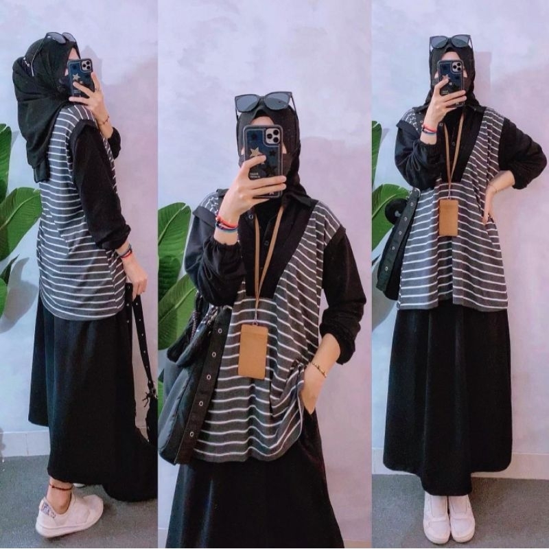 Strippy Set Rok,setelan blouse wanita baju muslim,baju ukuran jumbo,baju cantik modis