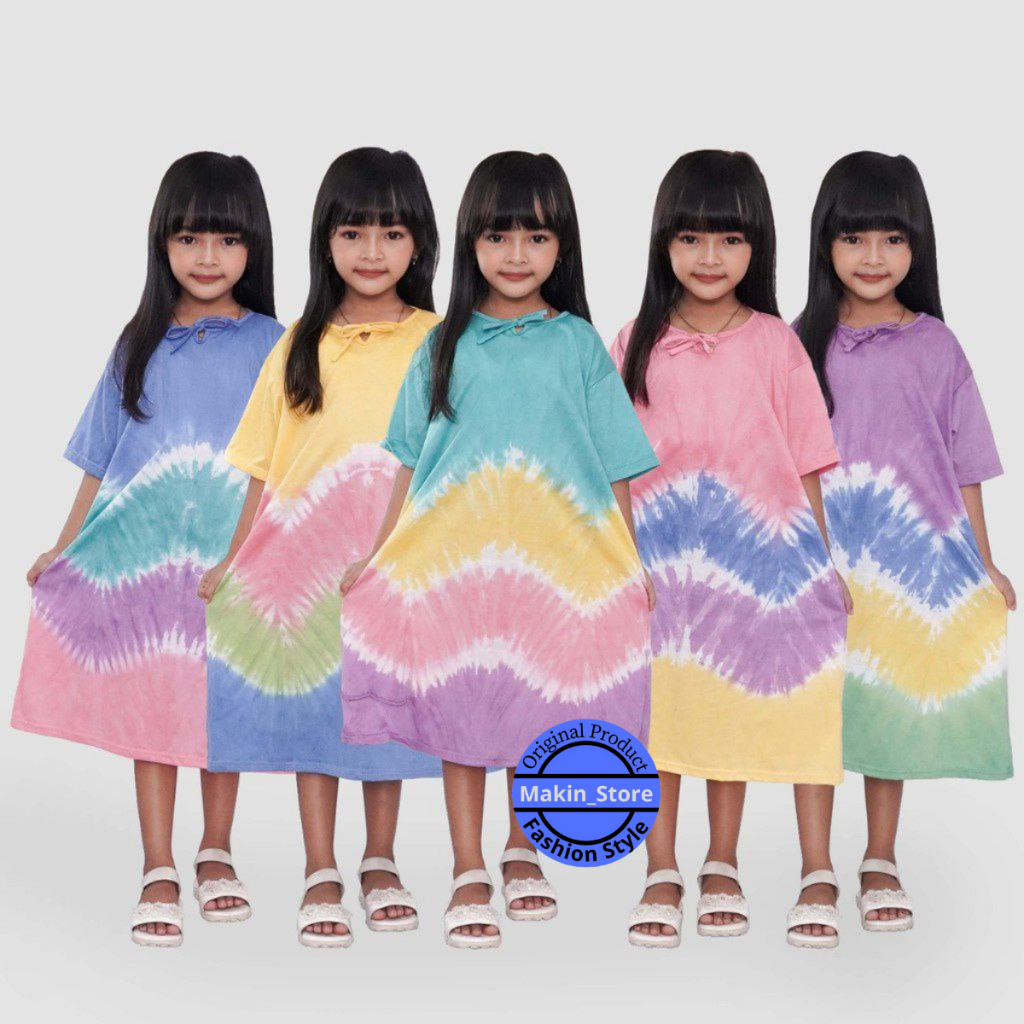 Makin_Setore20 Baju Daster Anak Perempuan Lengan Pendek Model Abstrak Soft Tye Dye Motif Klok Terbua