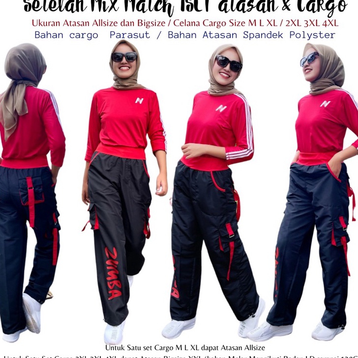 Diskon Hebat Hanya Hari Ini Setelan Senam 1Set Mix Match Atasan N Petir merah Lis Putih dengan Cargo