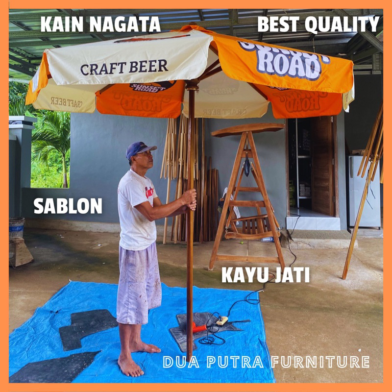 rangka payung kayu jati kain nagata, payung cafe, payung taman, tenda payung outdoor, payung pantai 