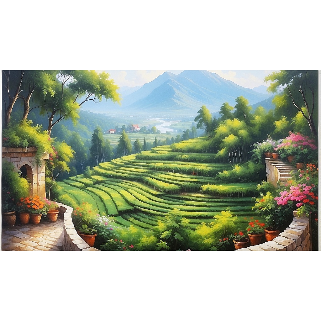 Lukisan Kanvas Terbaru Pemandangan Terasering Nuansa Hijau yang Menyegarkan