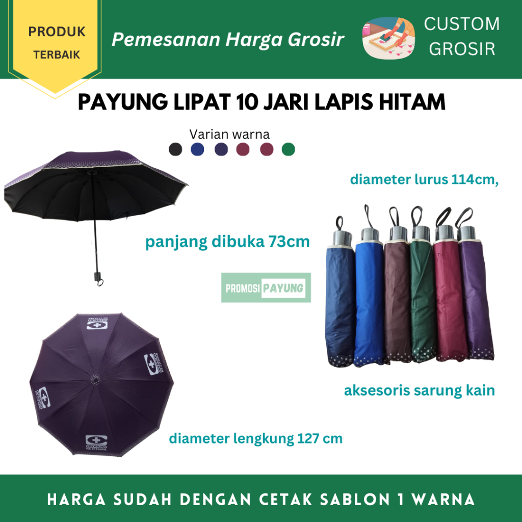 [ PAYUNG CUSTOM GROSIR ] payung lipat rangka 10 jari besar jumbo dalam hitam dengan CETAK SABLON 1