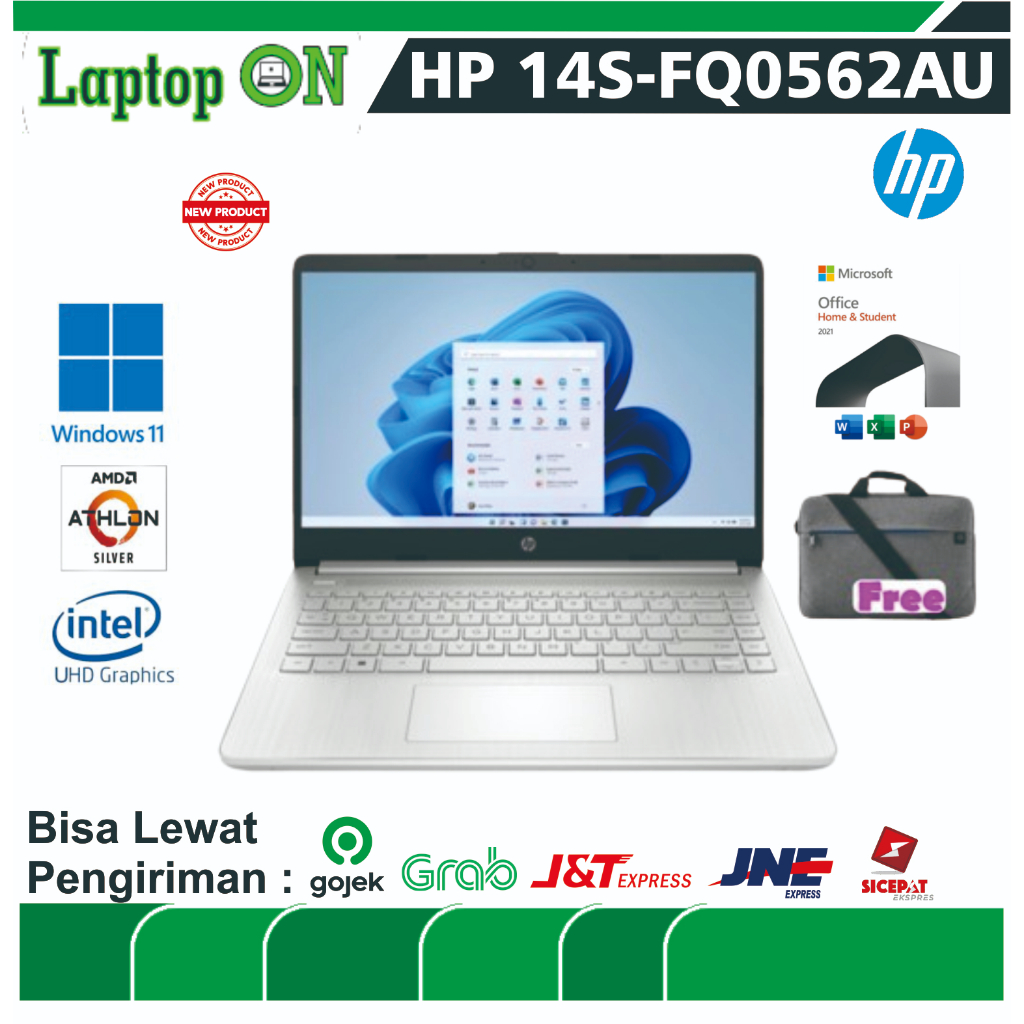 LAPTOP PELAJAR  HP 14S FQ0562AU Athlon Silver 3050 RAM 4GB SSD 512GB W11 OHS