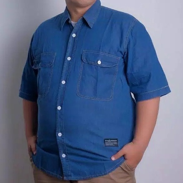 ART Y3Q CAVERO KEMEJA JEANS PRIA LENGAN PENDEK JUMBO BIG SIZE M L XL XXL 3XL 4XL bahan jeans denim