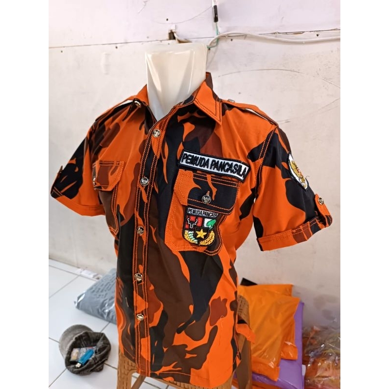 Kemeja sritex bordir timbul jahitan rante Pemuda Pancasila tangan pendek