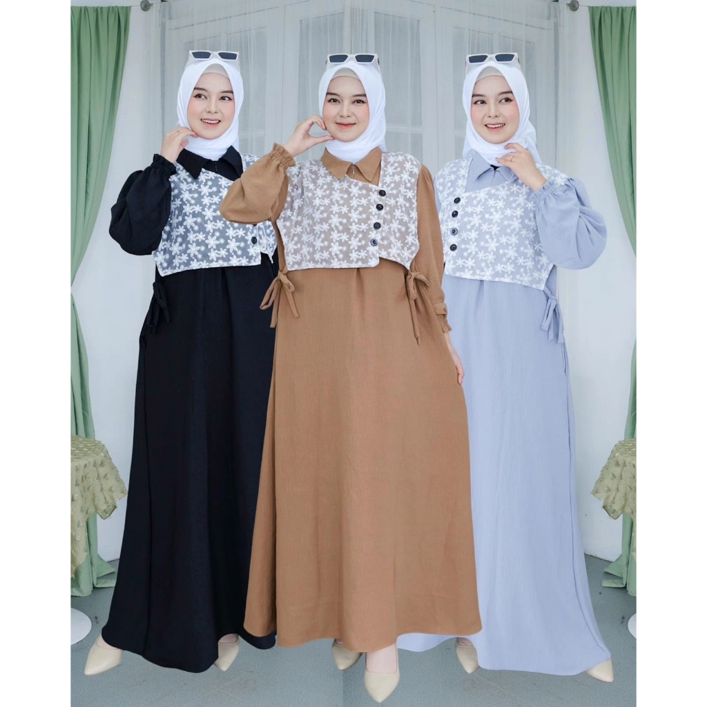 SYIRA DRESS Gamis Model Terbaru 2024 Gamis Lebaran Bahan Crinkle Mix Brukat Bordir Dress Lebaran Vin