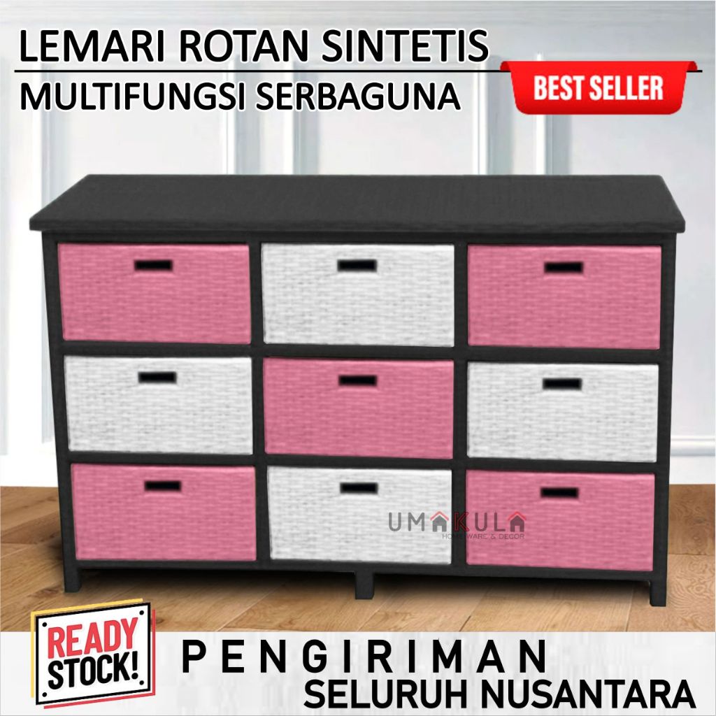 Bufet Buffet Rak Lemari Rotan Sintetis 9 Laci Meja TV Ruang Tamu Estetik Serbaguna Modern Minimalis