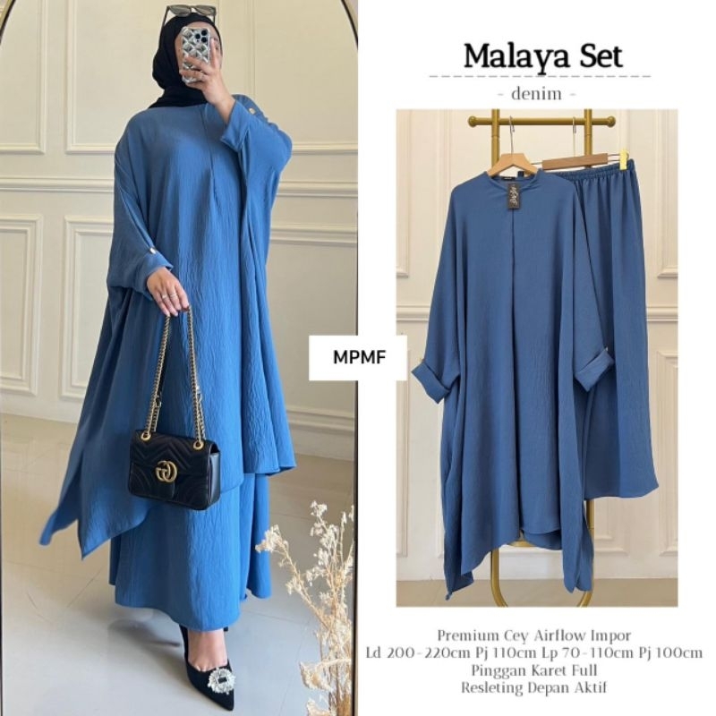 malaya set jumbo setelan kaftan + rok syari pakaian muslim wanita polos oversize