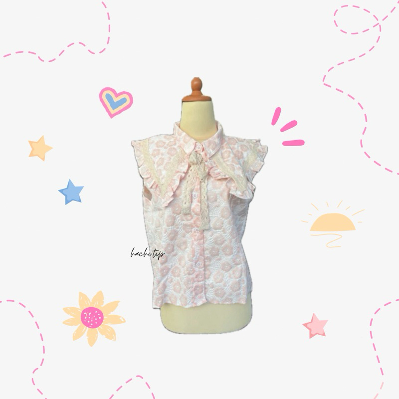 Ready Stock Pink Cute Floral Collar Top Baby Pink Pastel Atasan Wanita Jastip Bangkok Thailand