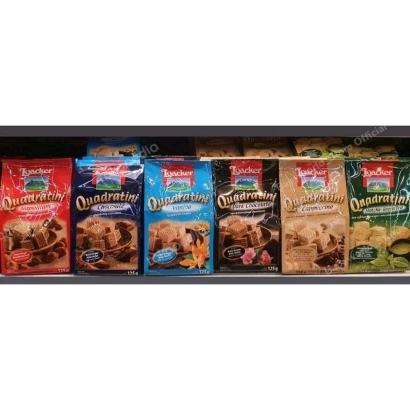 

Loacker Quadratini wafer biskuit IMPORT 125gr COKLAT/ VANILA / KACANG / CAPPUCINO / DARK CHOCO/MATCHA