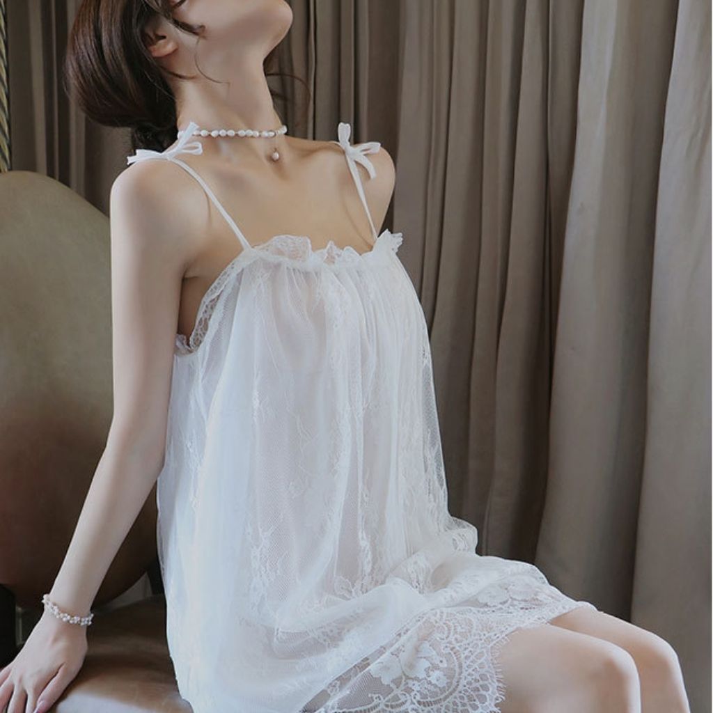 Lingerie Seksi Set D-111 All Size / Big Size Double Layer Polyester Blend Lace Daster Pakaian Dalam Baju Tidur Wanita Dewasa Seksi Baju Dinas Malam Panjang Import-6