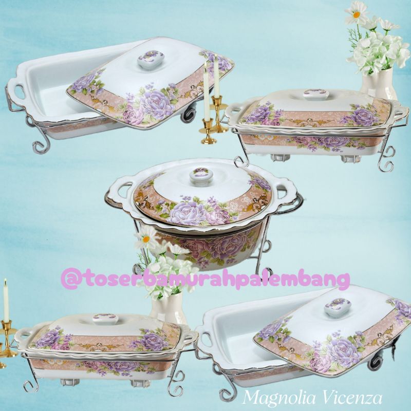 keramik wadah saji penghangat makanan prasmanan set vicenza magnolia semeja 4segi 1bulat