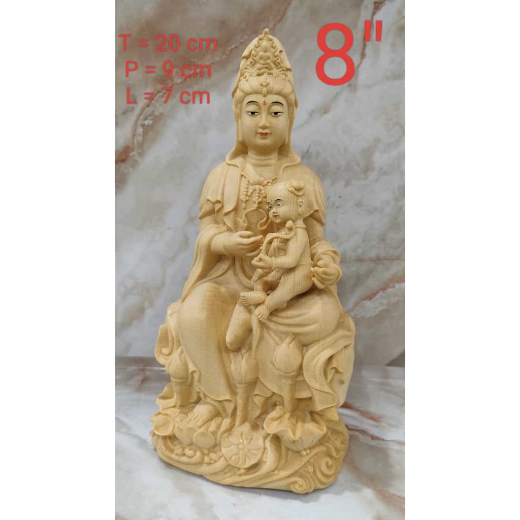 patung dewi kwan im kwan in guan yin gendong anak 20 cm / 8 inch