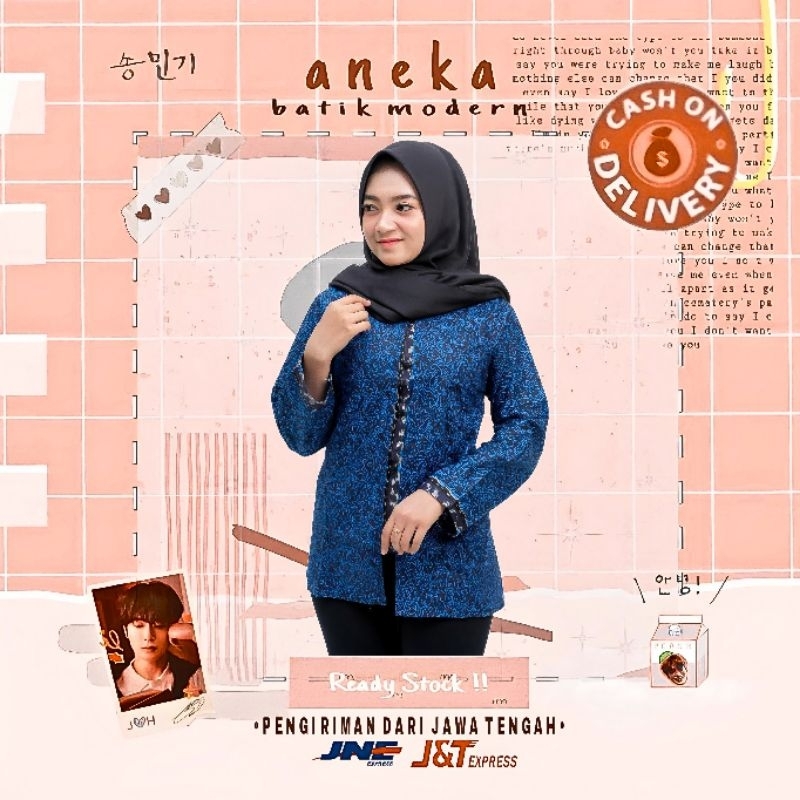 Blouse batik wanita mega mendung cewek polos biru elektrik biru dongker