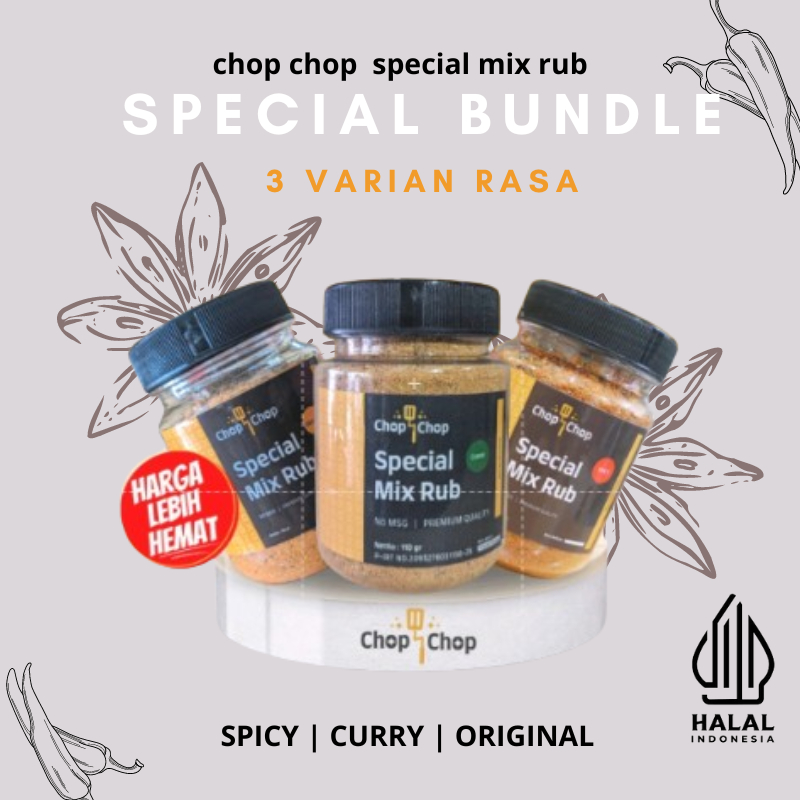 

Paket Bundle Chopchop Rub Kombinasi dengan 3 Varian - Ori, Curry, Spicy Bumbu Marinasi Rendah Kalori