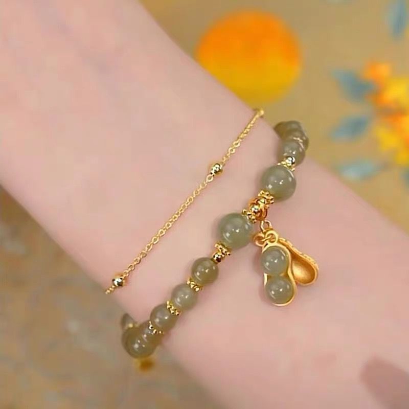 GL105 - Gelang Giok Asli Batu Kacang Full Hijau Titanium/Gelang Giok Kacang Wanita Berlapis Emas 18K