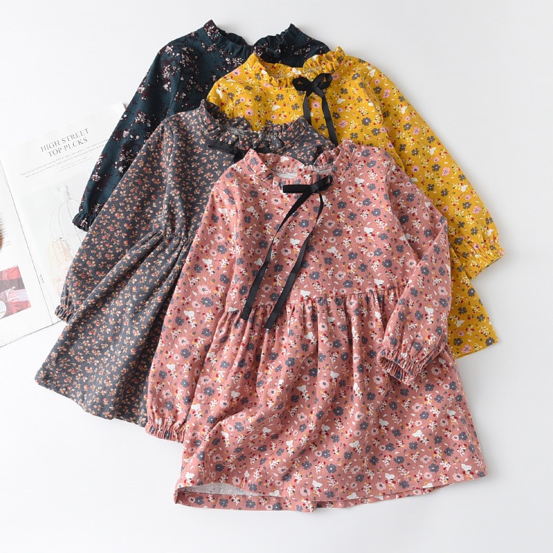BeeChic.Kids 1-7 Tahun Dress Anak Perempuan Lengan Panjang Bunga Gaun Baju Bunga Halus Model Panjang