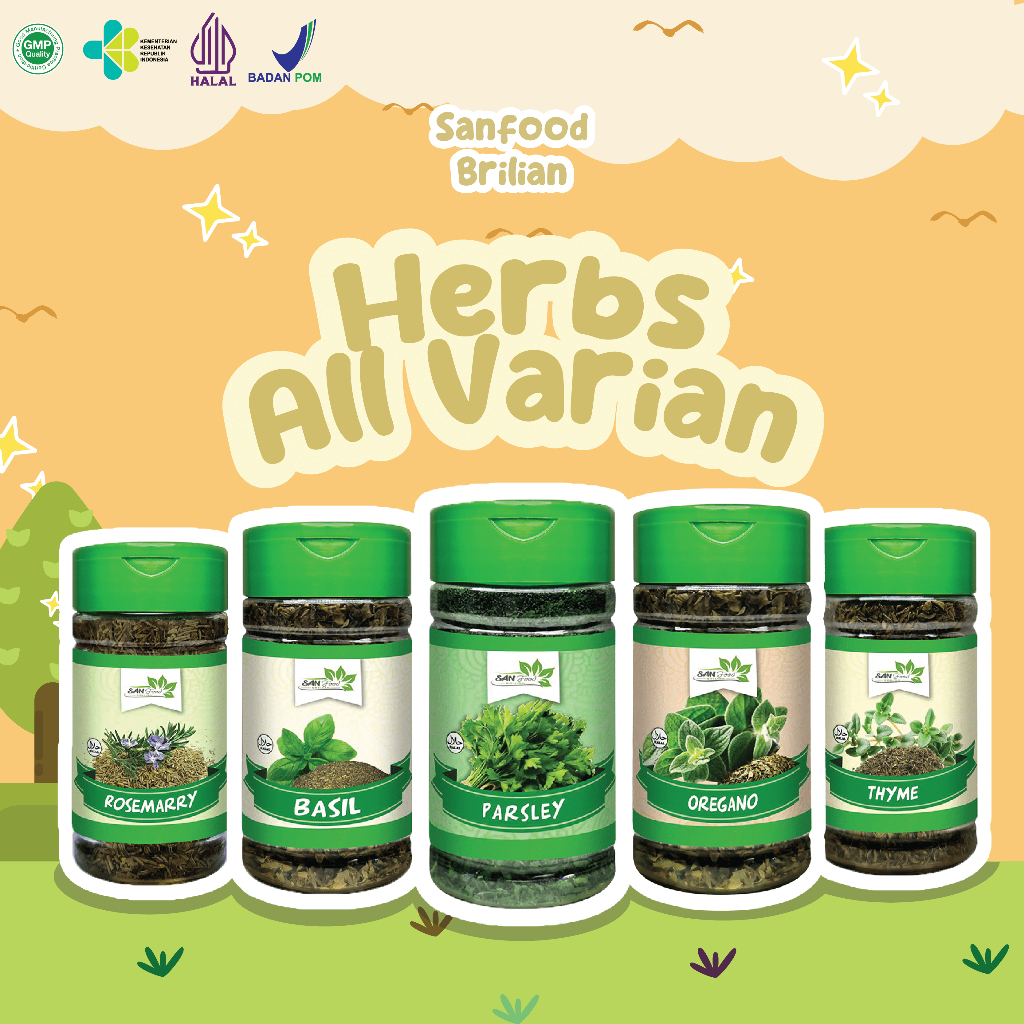 

Sanfood Brilian All Varian Basil, Parsley, Oregano, Thyme, Rosemary Botol Herba Herb Bumbu