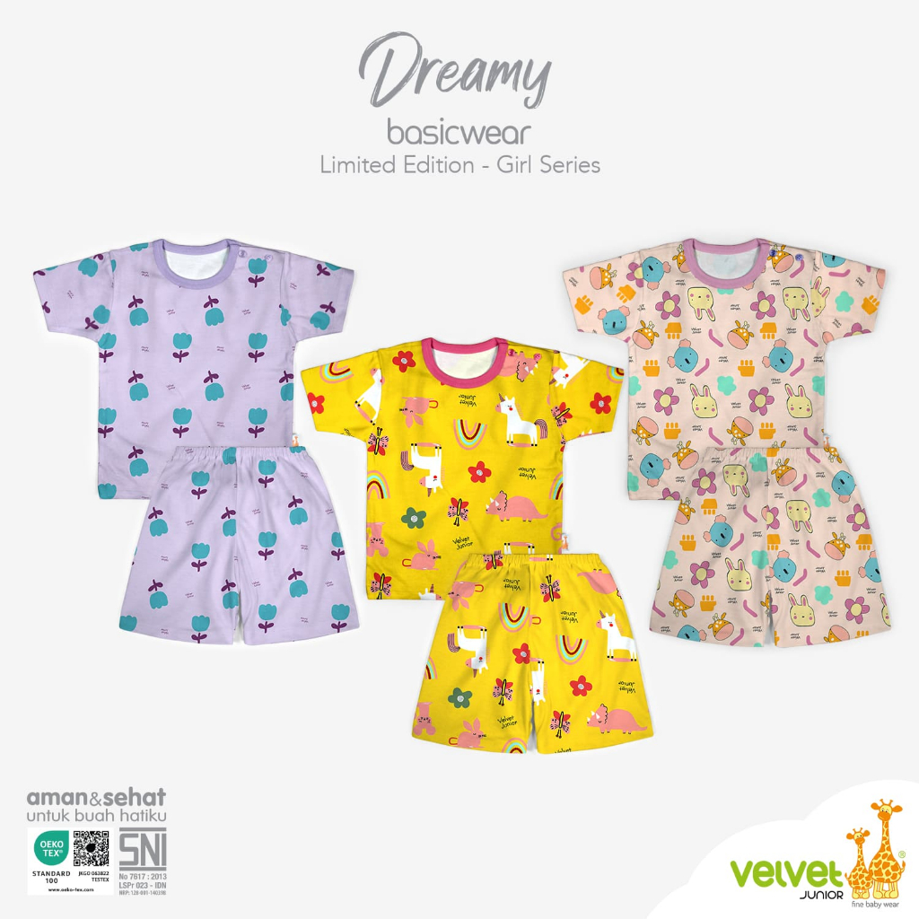 Baju Bayi Velvet Junior| Velvet Junior Dreamy 3IN1 | Velvet Junior Setelan Pendek Kancing Bahu | Vel