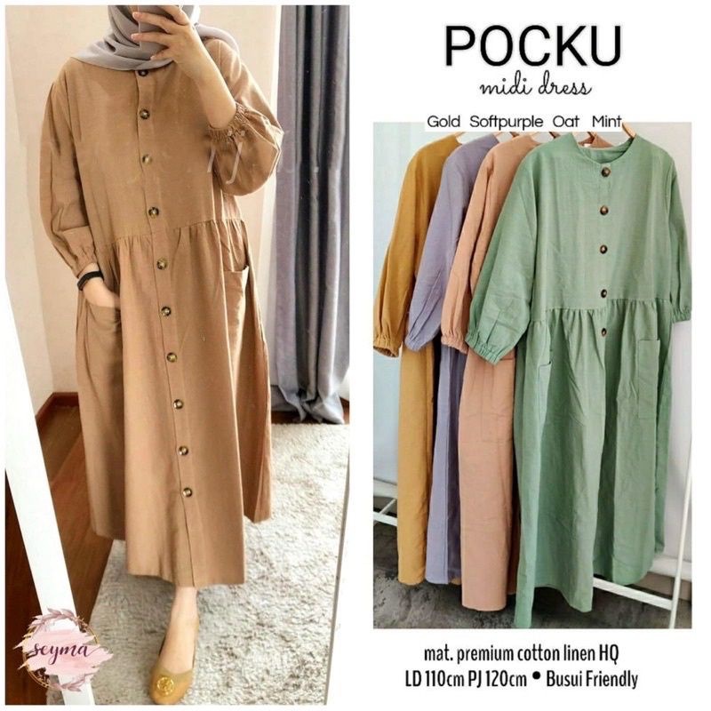 Midi Dress Polos Katun Linen Rami Premium Pocku Midi Dress Katun Linen