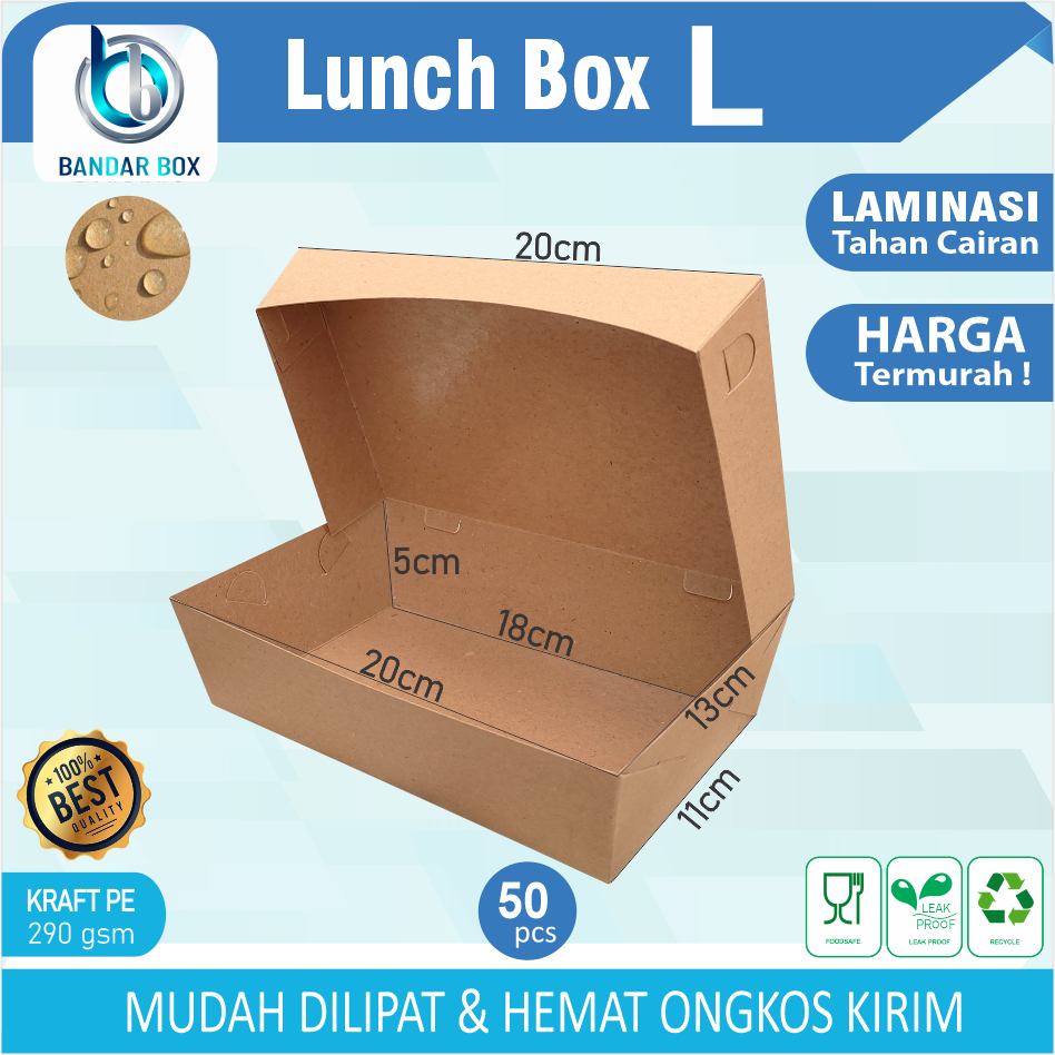 LUNCH BOX SIZE L KRAFT 50 PCS LAMINASI 290 GSM DUS MAKANAN/NASI GORENG /BOX AYAM BAKAR/TAKE AWAY/GOR