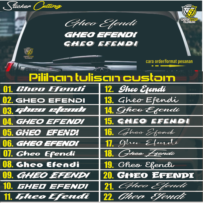 Sticker Cutting CUSTOM NAMA Kaca Belakang Mobil - Stiker Custom - Stiker Nama Kaca Mobil