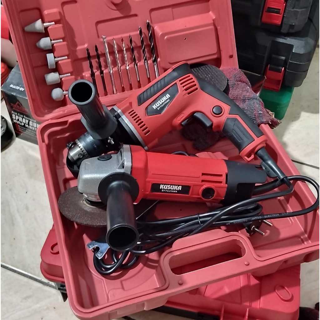 2 ITEM DALAM 1 KOPER SET ISI MESIN BOR TANGAN LISTRIK 10 MM SET DAN GERINDA POTONG/POLES LENGKAP BAN