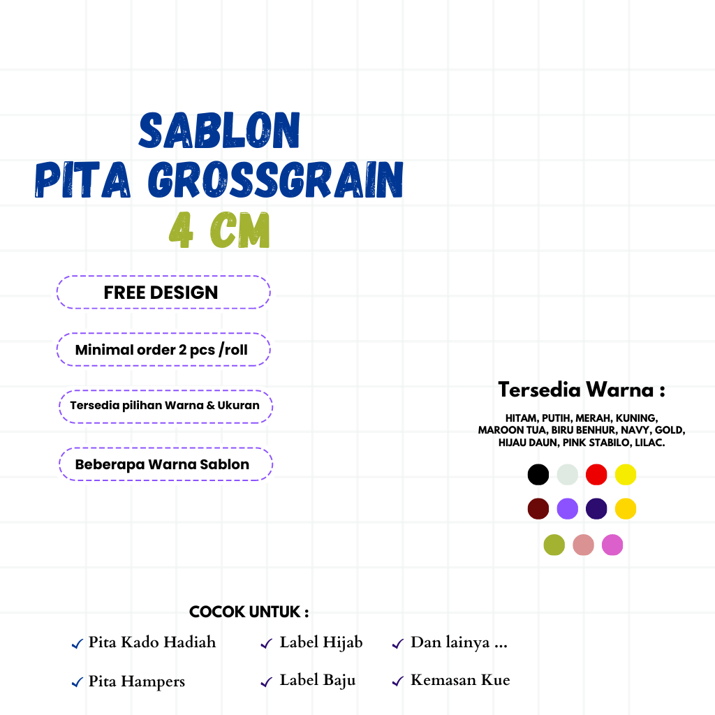 

CUSTOM SABLON GROSSGRAIN 4 cm / PITA HAMPERS / PITA KADO / PITA IDUL FITRI / PITA ULANG TAHUN / LABEL BAJU/ LABEL HIJAB