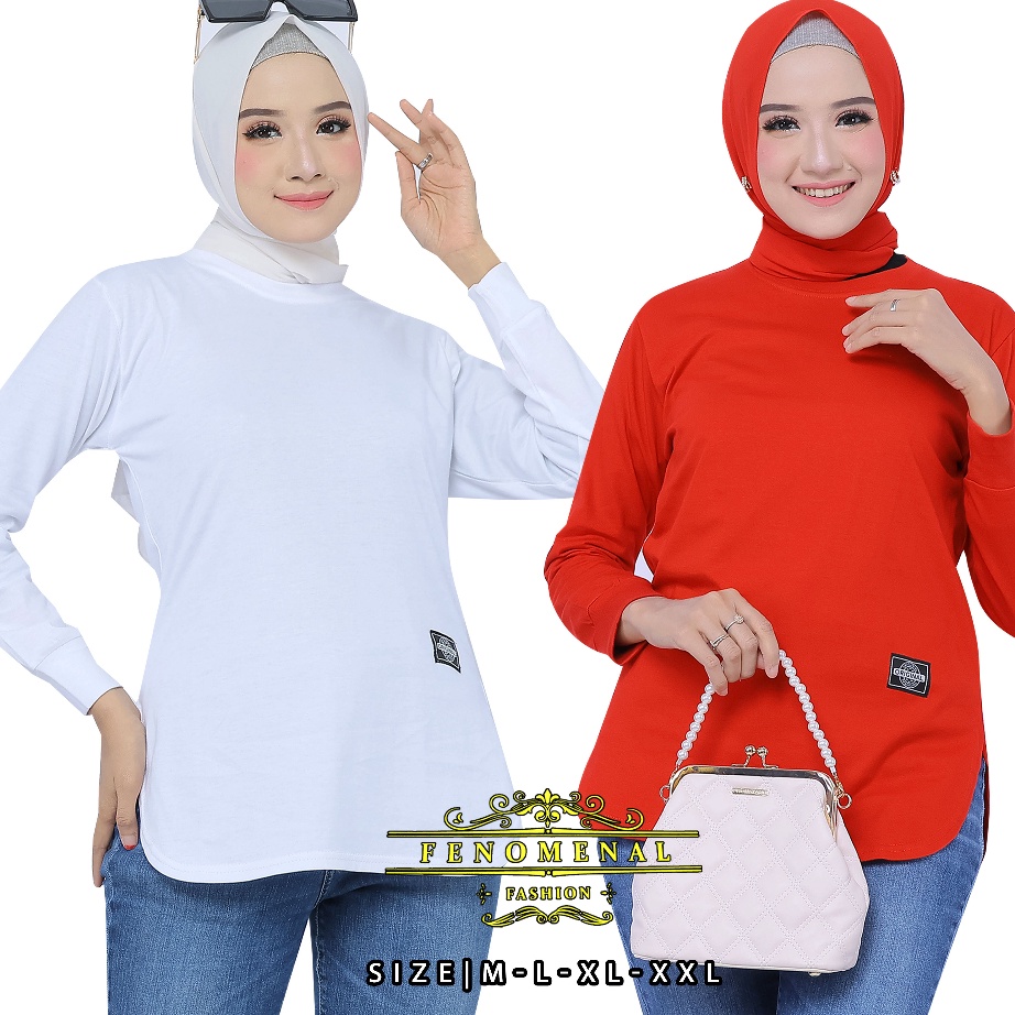 New Stock MERAH  PUTIH EDITION KAOS WANITA LENGAN PANJANG  BAWAHAN OVAL VIRAL TERBARU  BAHAN KATUN C