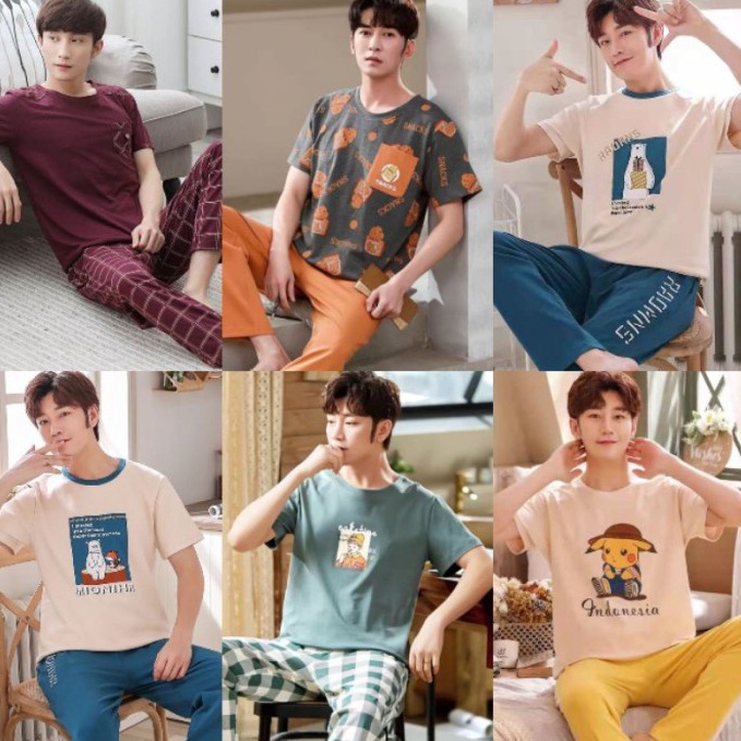 Barang Pilihan SETELAN PIYAMA BAJU TIDUR SET COWOK PRIA DEWASA CP KATUN IMPORT PREMIUM LENGAN PENDEK