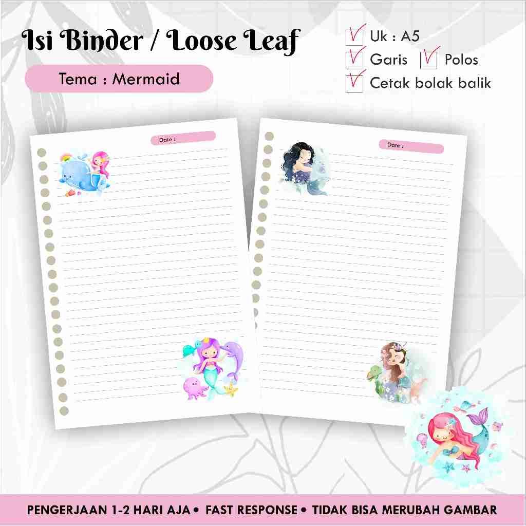 

Isi Binder / Loose leaf gambar A5 Tema MERMAID / Refill Map Binder / Garis Polos
