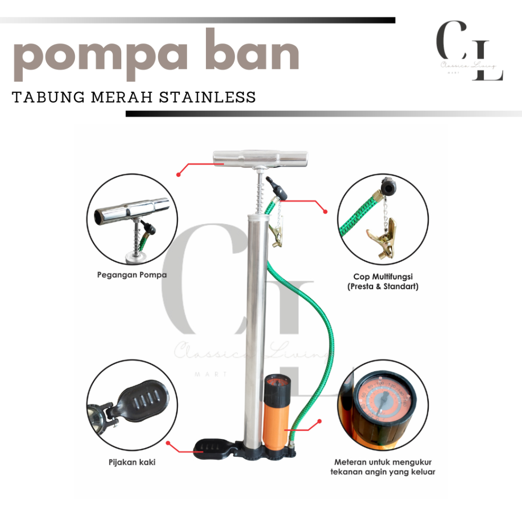 [CLM] Pompa Ban Motor Sepeda Tabung Meteran Multifungsi Stainless Steel