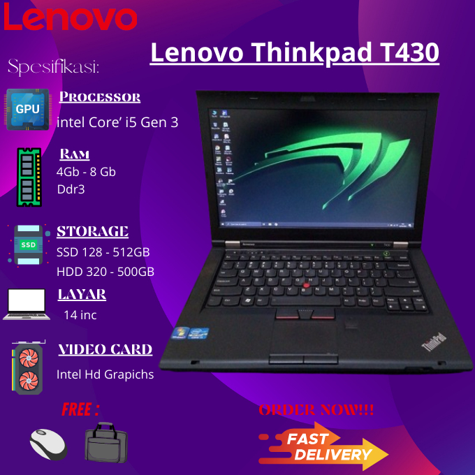 Laptop lenovo Thinkpad T430 Core i5 Ram 8GB  Ssd 512GB Lenovo T430 Layar 14 inc