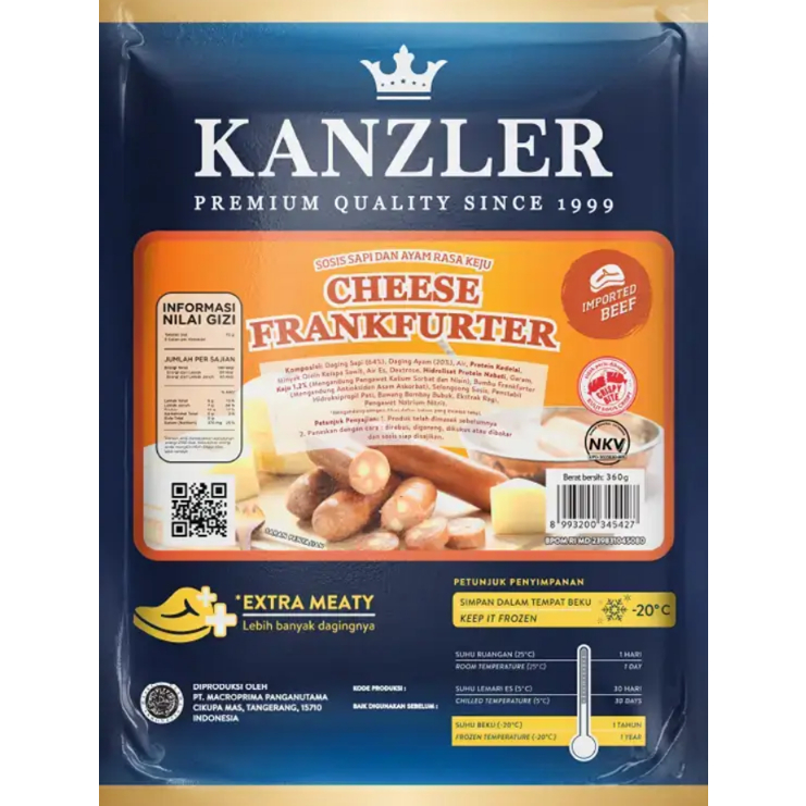 

Kanzler Sosis Cheese Frankfurter 360 gram (isi 5 Sosis Besar)