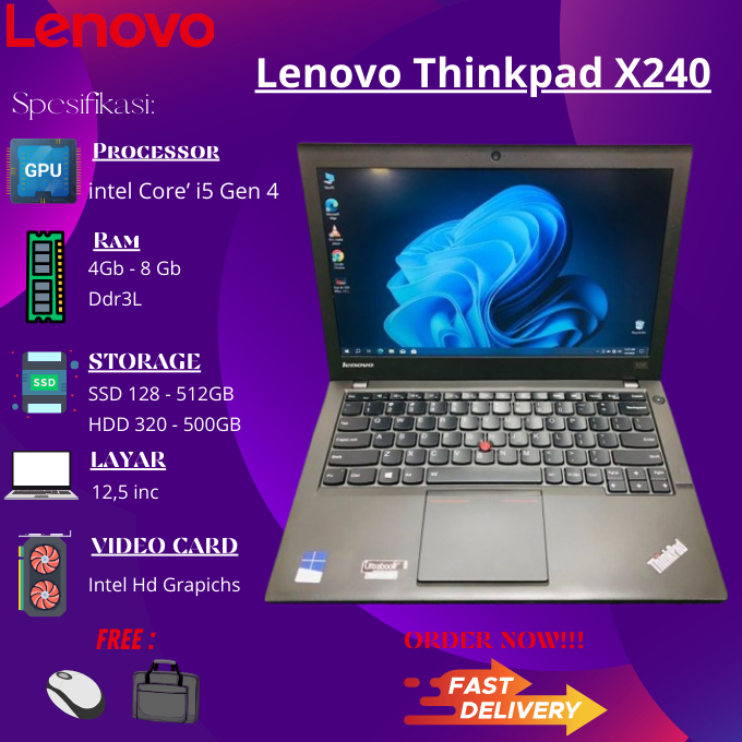 Laptop Murah Lenovo ThinkPad X240 Core i5 Gen 4 Ram 8GB SSD 256GB BERGARANSI AMANAH LENOVO X240