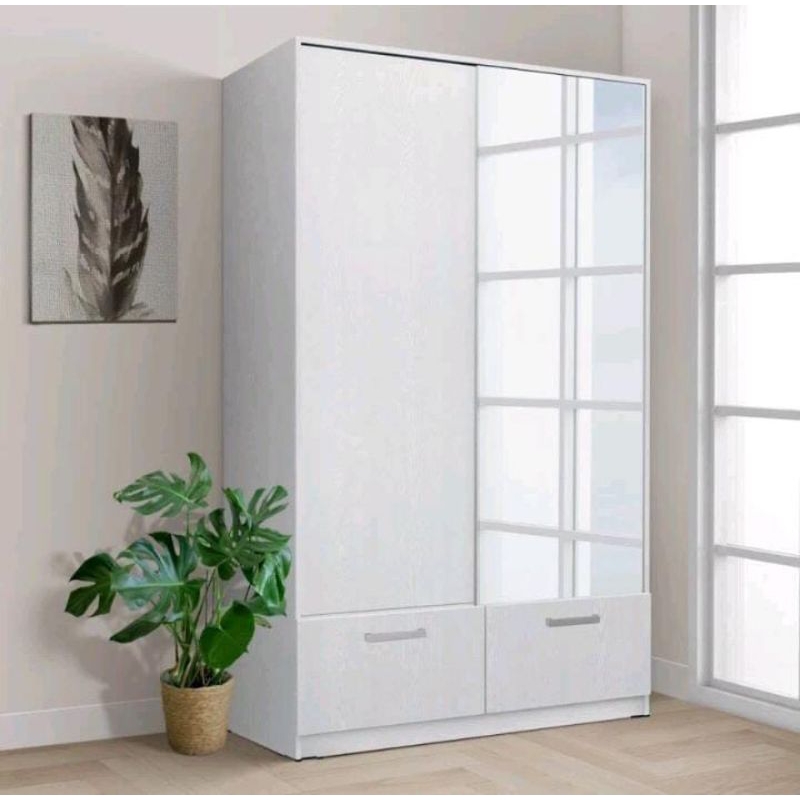 Lemari Pakaian Kayu 2 Pintu Sliding / Geser Wardrobe Putih Modern Minimalis - Omaha