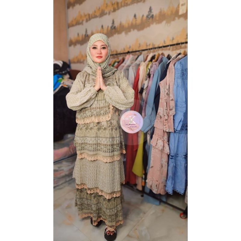 GAMIS RAMPLE RENDA BAHAN PLISKET FREE HIJAB & IKAT PINGGANG KEKINIAN/PREMIUM/IMPORT