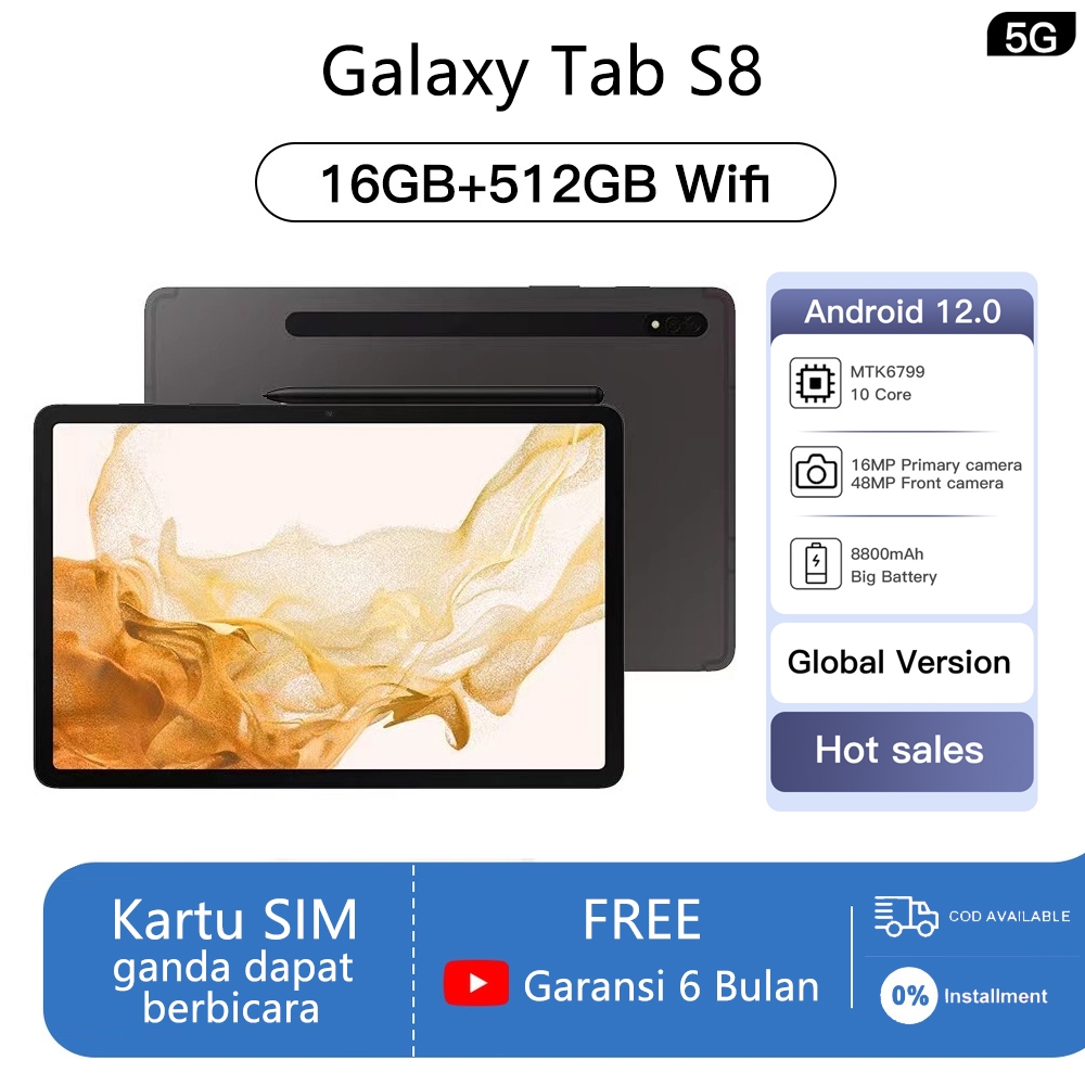 Tablet PC Baru Galaxy Tab S8/S8+  RAM 12GB ROM 512GB Tablet Android 10.1inch Layar Full Screen Layar Besar Wifi 5G Dual SIM Tablet Untuk Anak Belajar hp tablet tab advan Tablet Gaming kantor Tablet Murah