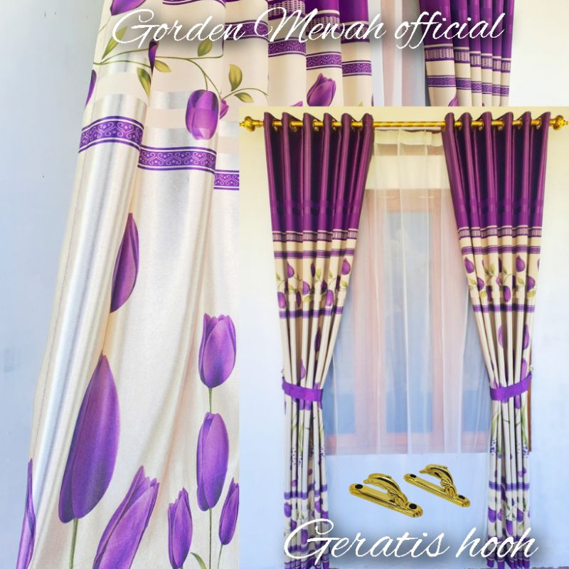 Gorden jendela kamar blackout minimalis import motif bunga tulip panjang 230 cm