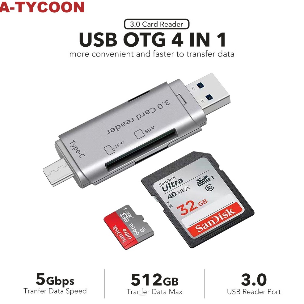 PALING LARIS 4 in 1 Card Reader USB 3 Type C  SD Kartu  TF Memory Card Read OTG Adapter
