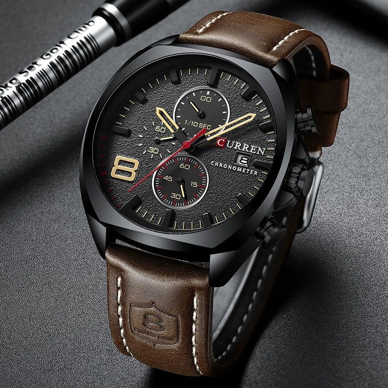 CURREN 8324 Jam Tangan Pria Analog Tali Kulit Chronograph Aktif CURRENOS