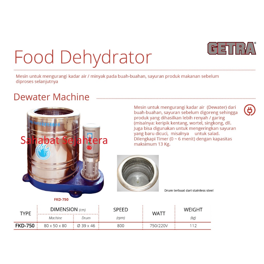 GETRA Dewater Machine FKD-750 Mesin Pengurang kadar Air