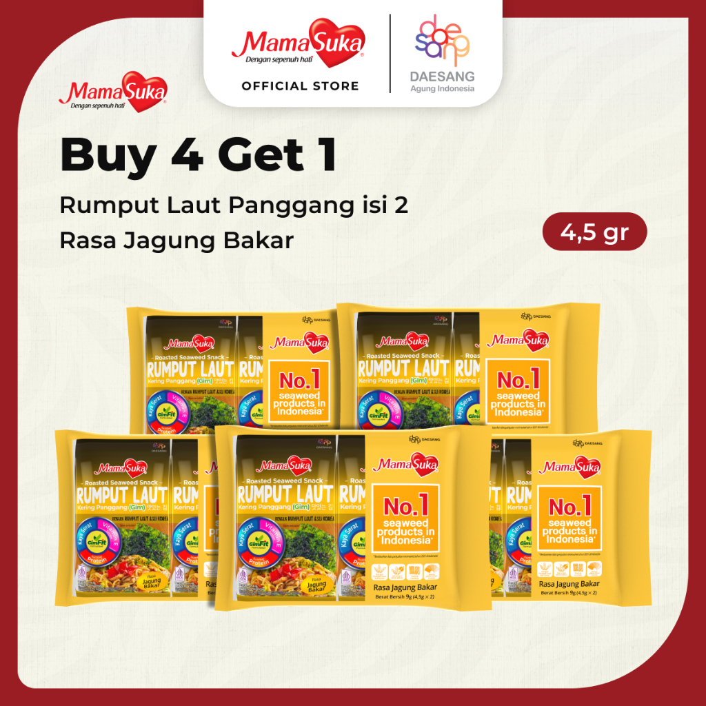 

Buy 4 Get 1 MamaSuka - Rumput Laut Panggang Jagung Bakar Isi 2 4,5 gr