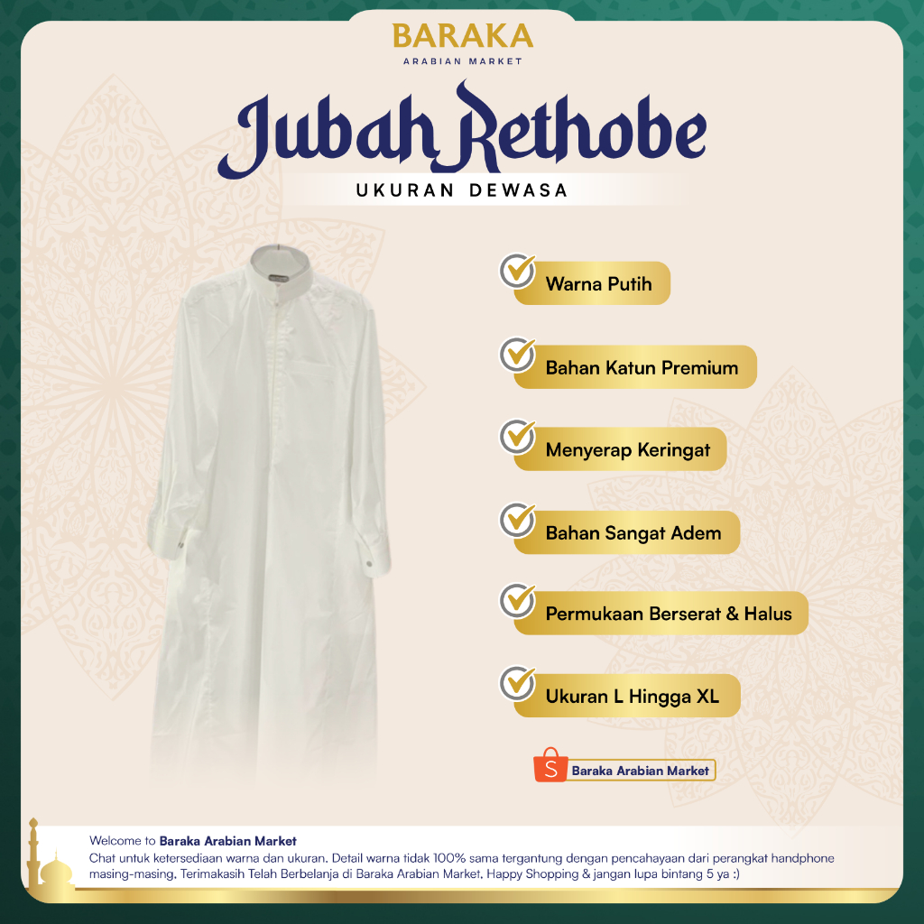 Jubah Gamis Baju Muslim Pria Rethobe 2007 Lengan Panjang Original Premium Quality Baraka Arabian Mar