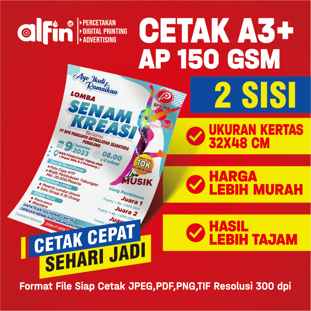 

CETAK A3+ ART PAPER 150 GSM [ 2 SISI ] MURAH / PRINT A3+ ART PAPER 150 GSM / BROSUR / FAMLET