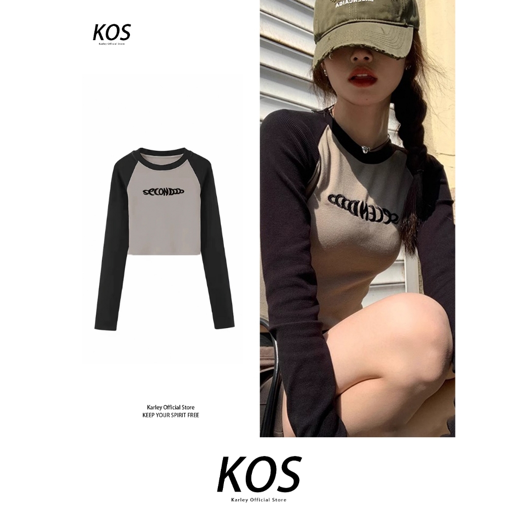 Atasan Bordir Huruf Wanita/Rajutan Raglan Hot Girl Lengan Panjang/Crop Top Y2K Retro Bulat/Kaos T Sh