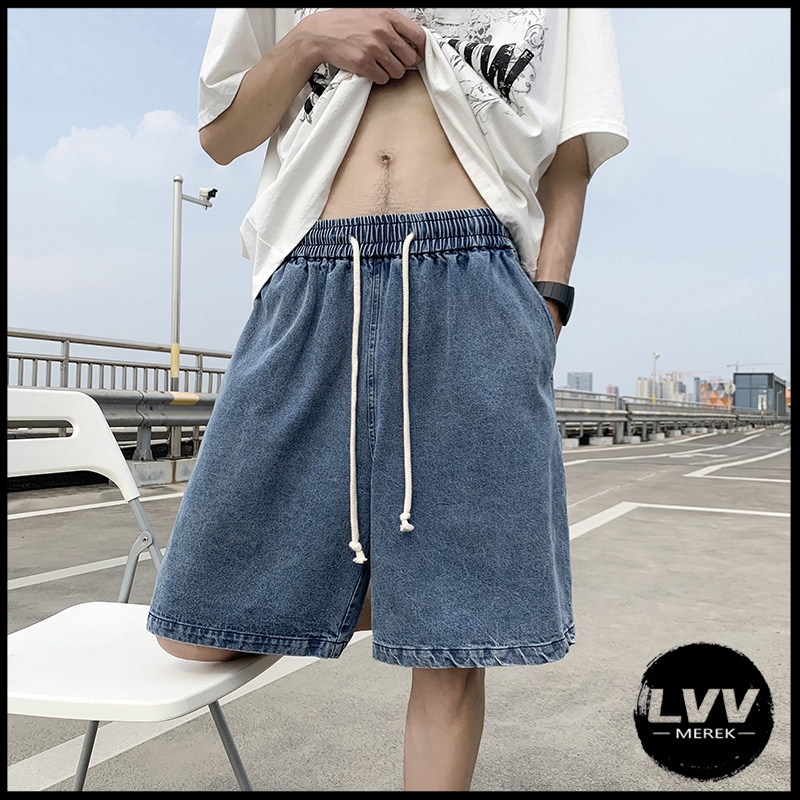 Celana pendek denim pria celana jeans pinggang karet baggy jeans pria premium Celana pria Terbaru ce