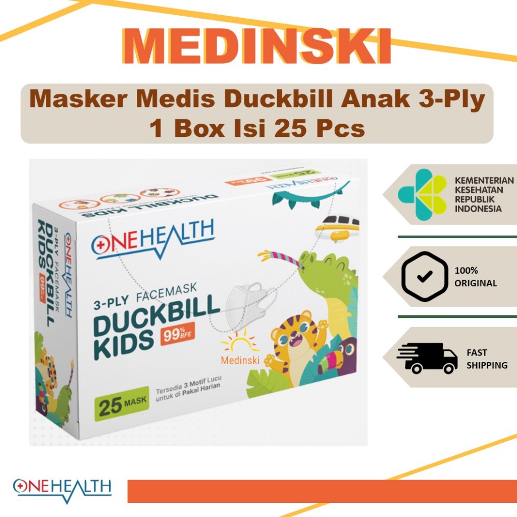 Masker Medis Duckbill Anak OneHealth Surgical Kids Face Mask 3-Ply Isi 25